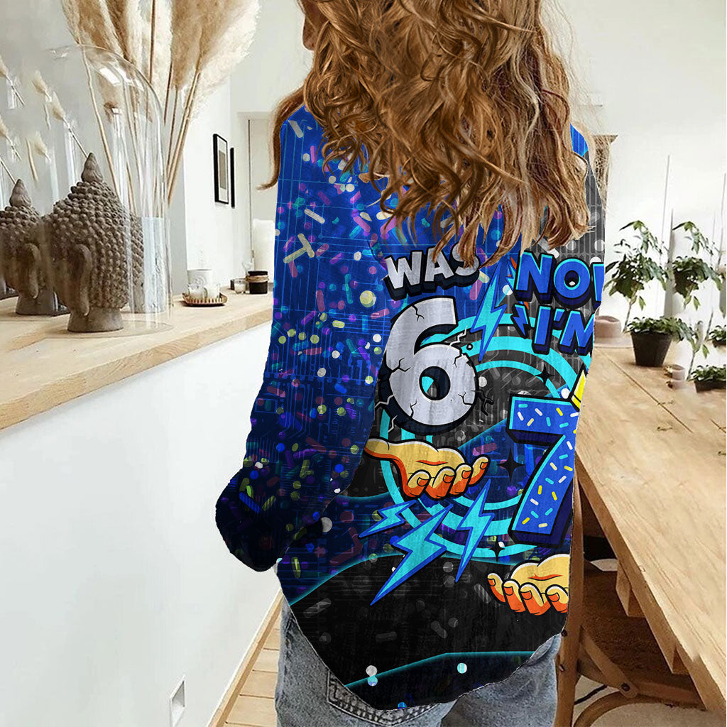 7th Birthday Boys Women Casual Shirt I was 6 Now Im 7 Gaming And Tech Theme