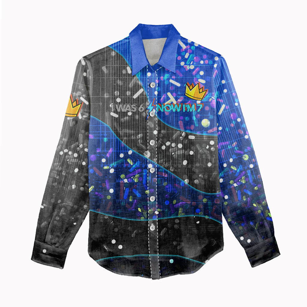 7th Birthday Boys Women Casual Shirt I was 6 Now Im 7 Gaming And Tech Theme