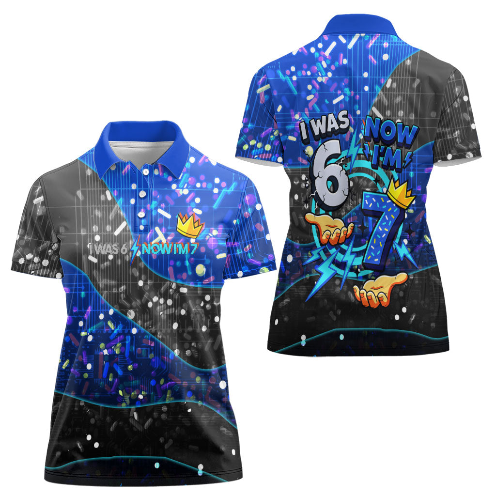 7th Birthday Boys Women Polo Shirt I was 6 Now Im 7 Gaming And Tech Theme