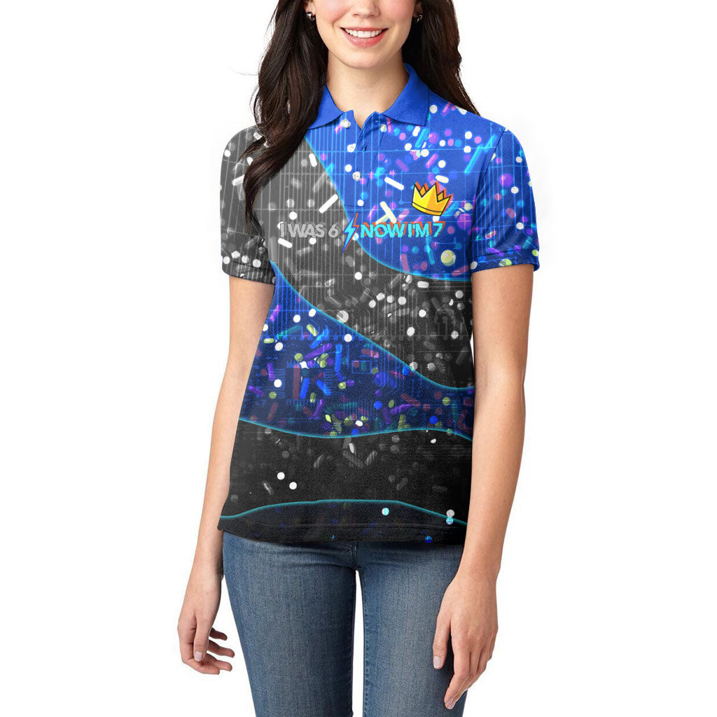 7th Birthday Boys Women Polo Shirt I was 6 Now Im 7 Gaming And Tech Theme