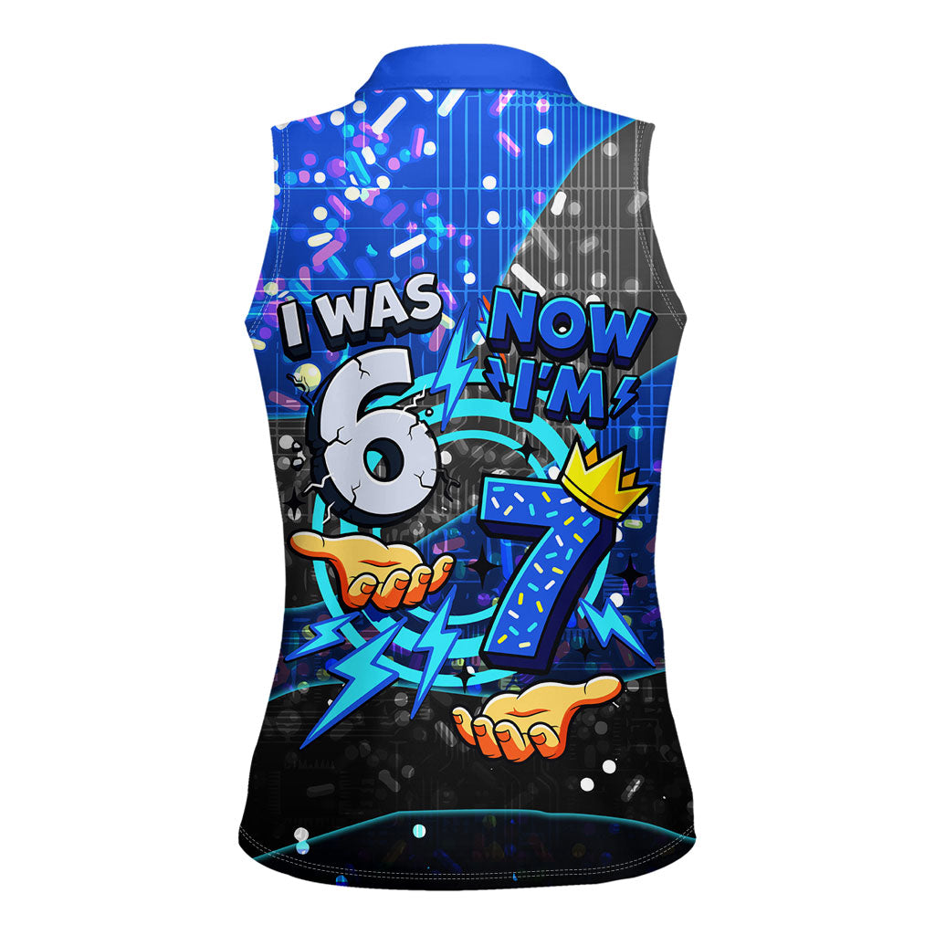 7th Birthday Boys Women Sleeveless Polo Shirt I was 6 Now Im 7 Gaming And Tech Theme