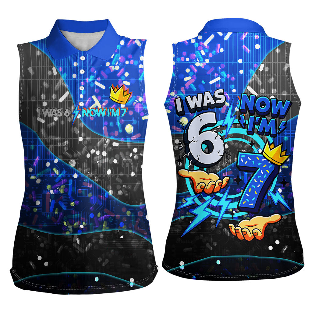 7th Birthday Boys Women Sleeveless Polo Shirt I was 6 Now Im 7 Gaming And Tech Theme