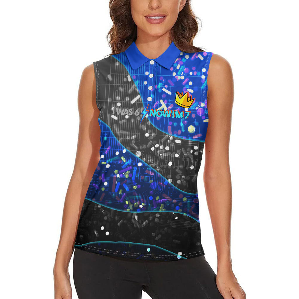 7th Birthday Boys Women Sleeveless Polo Shirt I was 6 Now Im 7 Gaming And Tech Theme