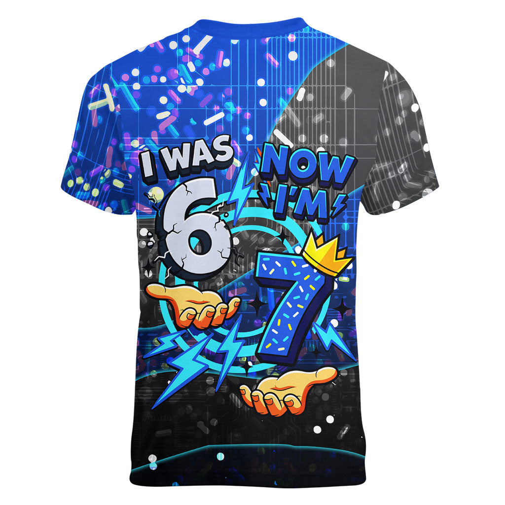 7th Birthday Boys Women V-Neck T-Shirt I was 6 Now Im 7 Gaming And Tech Theme