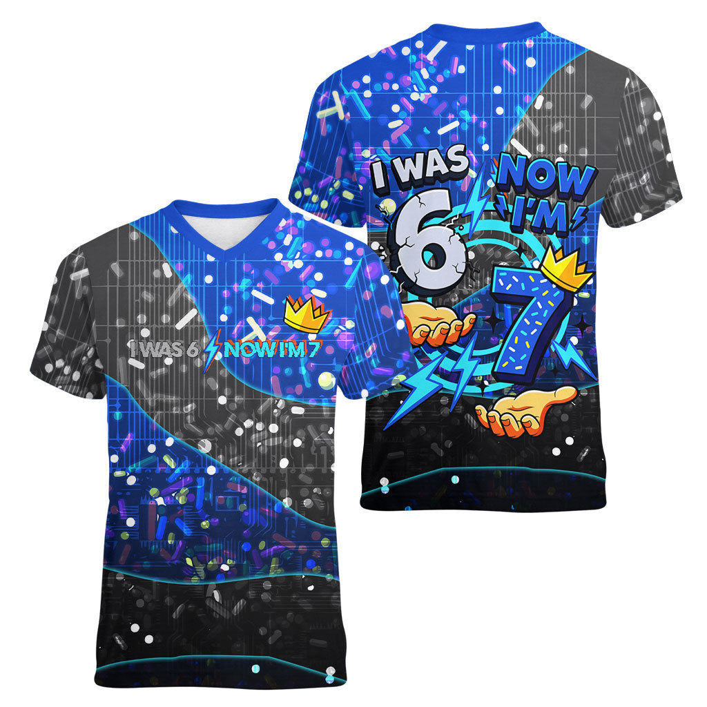 7th Birthday Boys Women V-Neck T-Shirt I was 6 Now Im 7 Gaming And Tech Theme