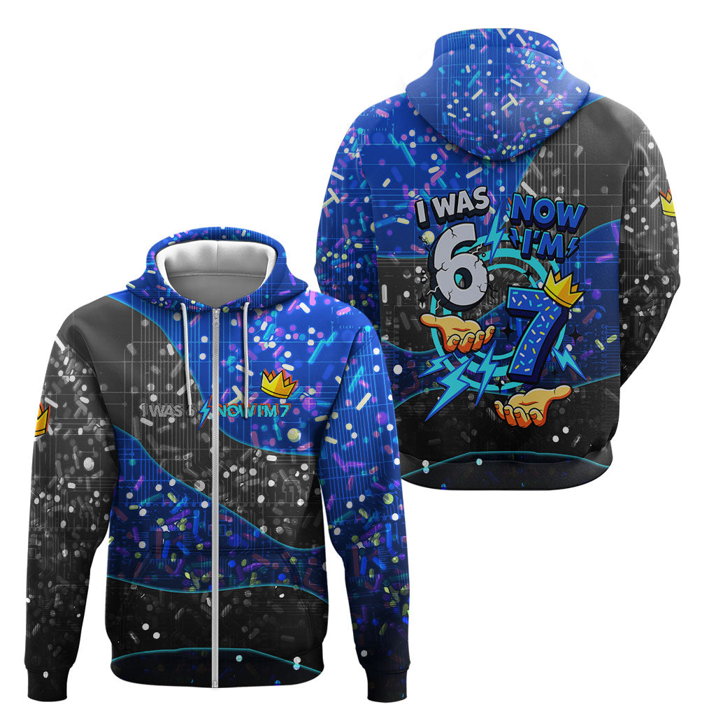 7th Birthday Boys Zip Hoodie I was 6 Now Im 7 Gaming And Tech Theme
