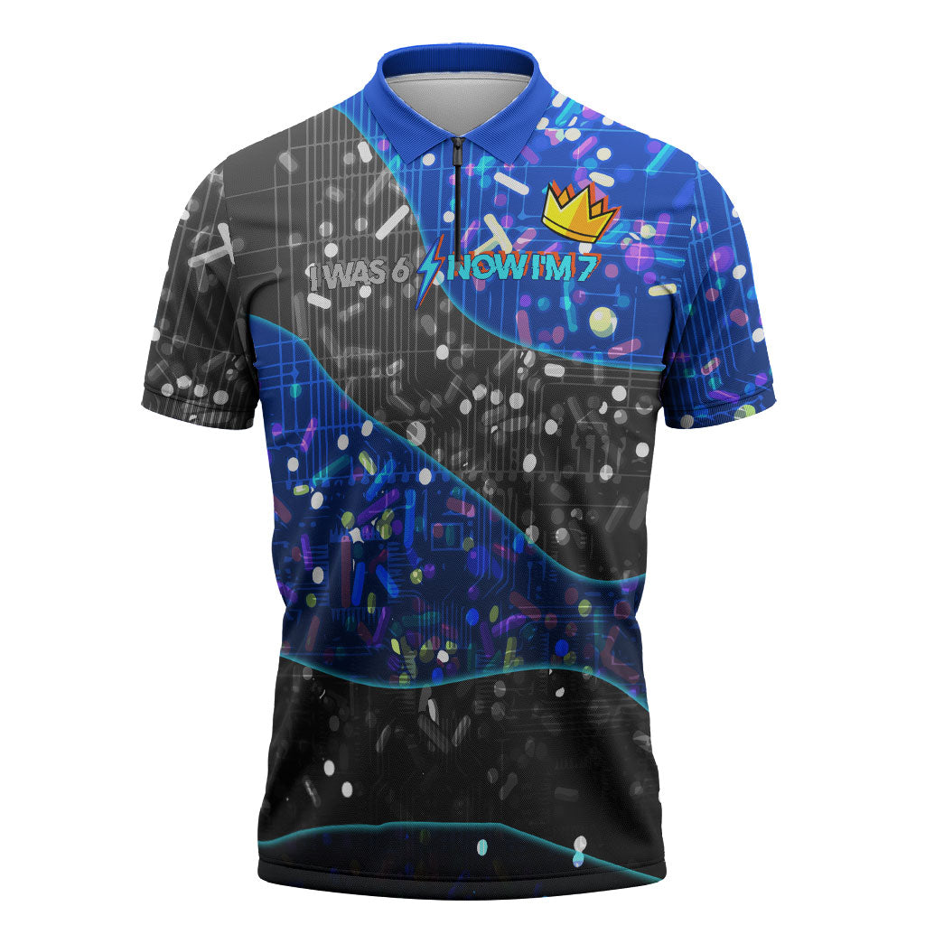 7th Birthday Boys Zipper Polo Shirt I was 6 Now Im 7 Gaming And Tech Theme