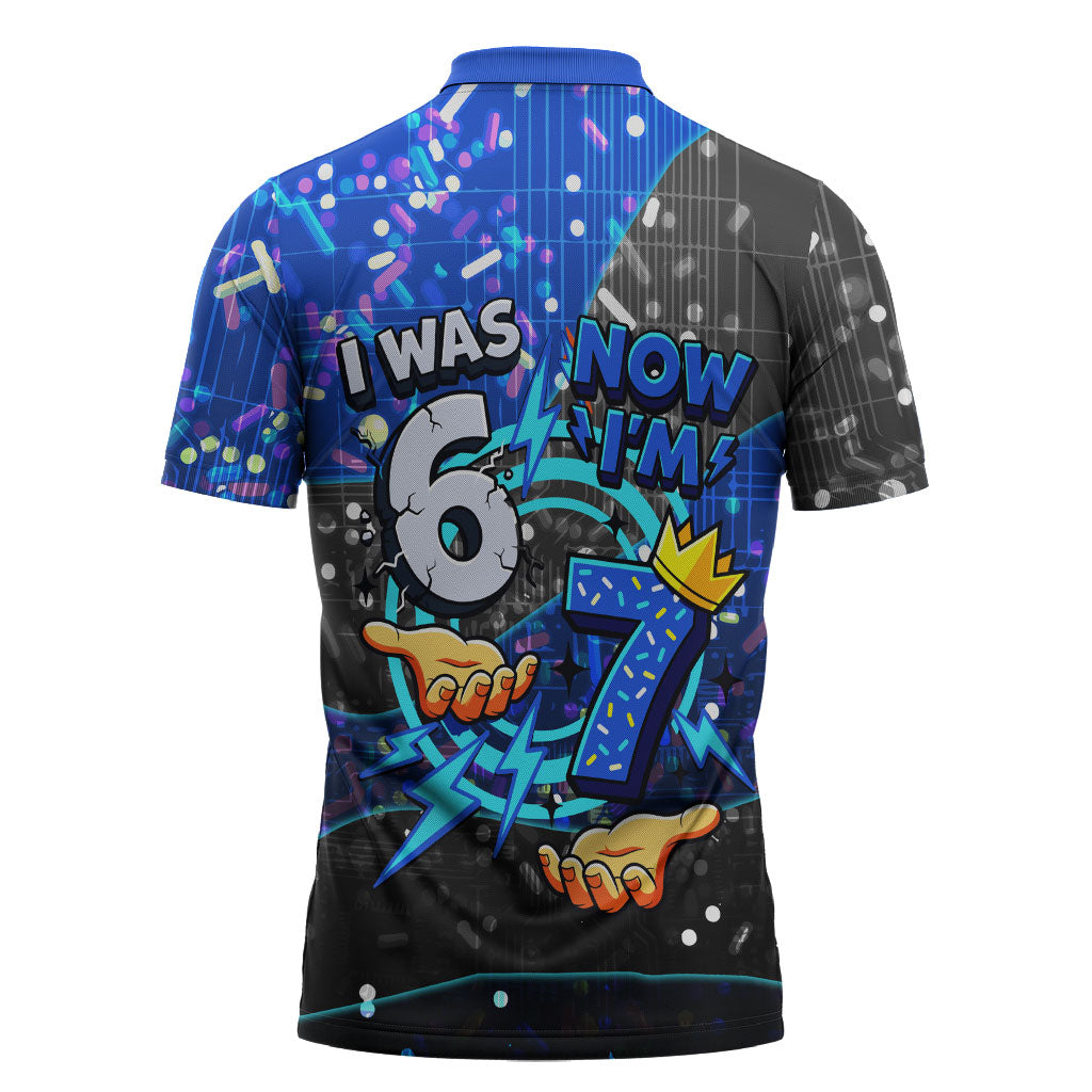 7th Birthday Boys Zipper Polo Shirt I was 6 Now Im 7 Gaming And Tech Theme