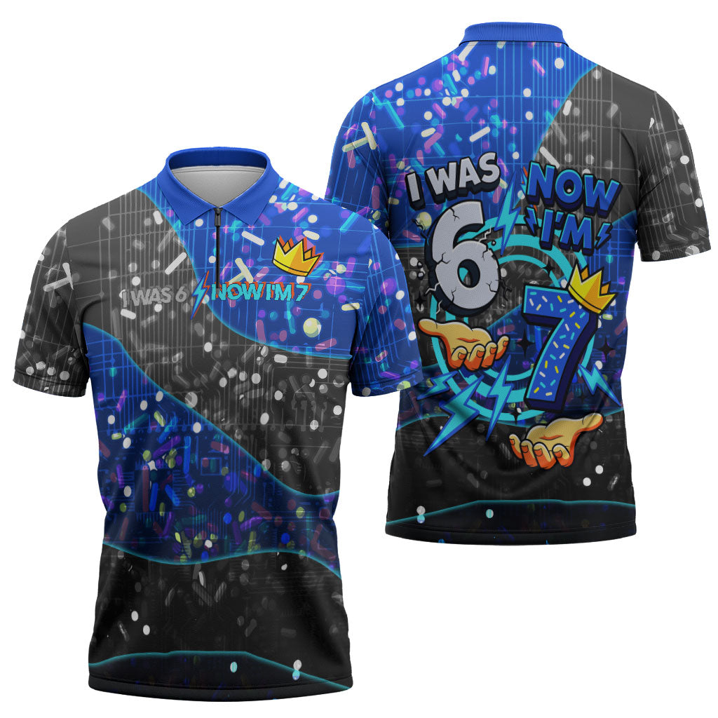 7th Birthday Boys Zipper Polo Shirt I was 6 Now Im 7 Gaming And Tech Theme