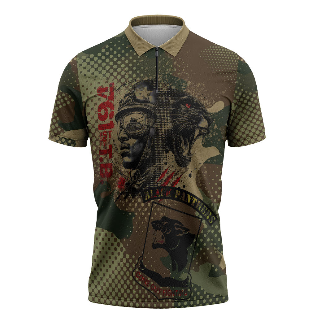 761st Tank Battalion Black Panthers Zipper Polo Shirt Come Out Fighting Military - Camouflage Halftone