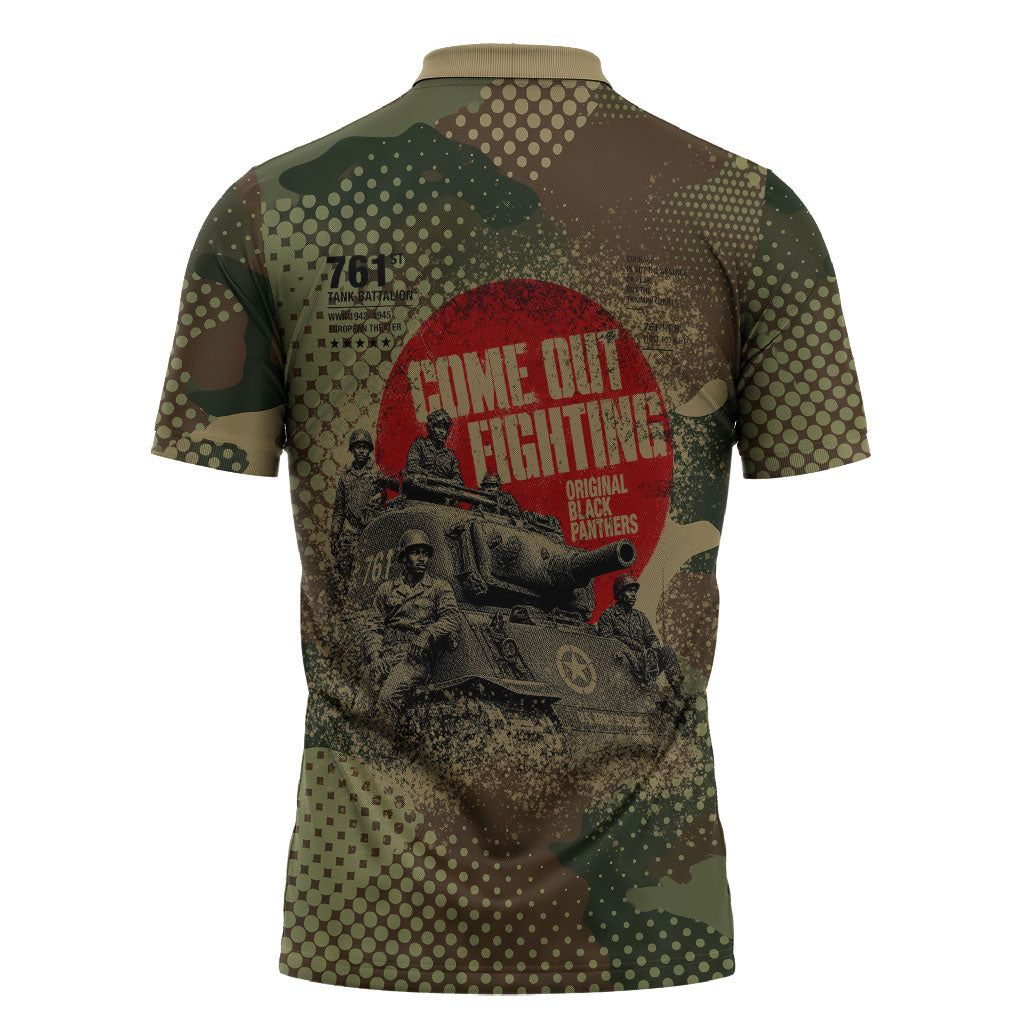 761st Tank Battalion Black Panthers Zipper Polo Shirt Come Out Fighting Military - Camouflage Halftone