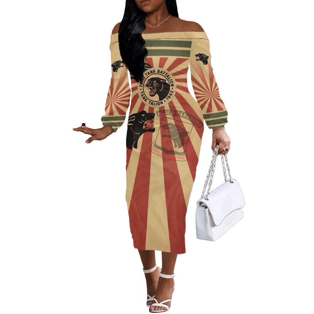 Black Panthers 761st Tank Battalion Off The Shoulder Long Sleeve Dress Come Out Fighting Retro Military