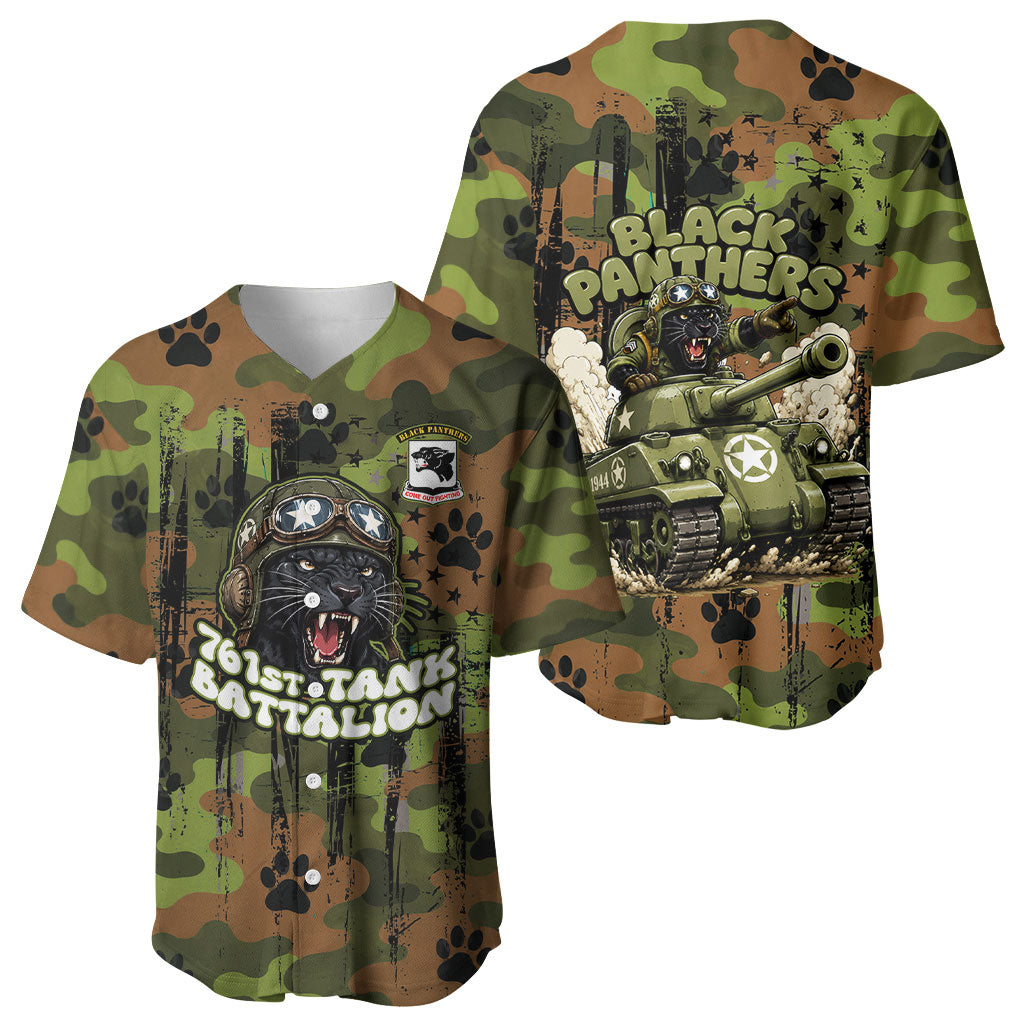 761st Tank Battalion African American Baseball Jersey Black Panthers Cartoon Mascot - Military History Camouflage Paw