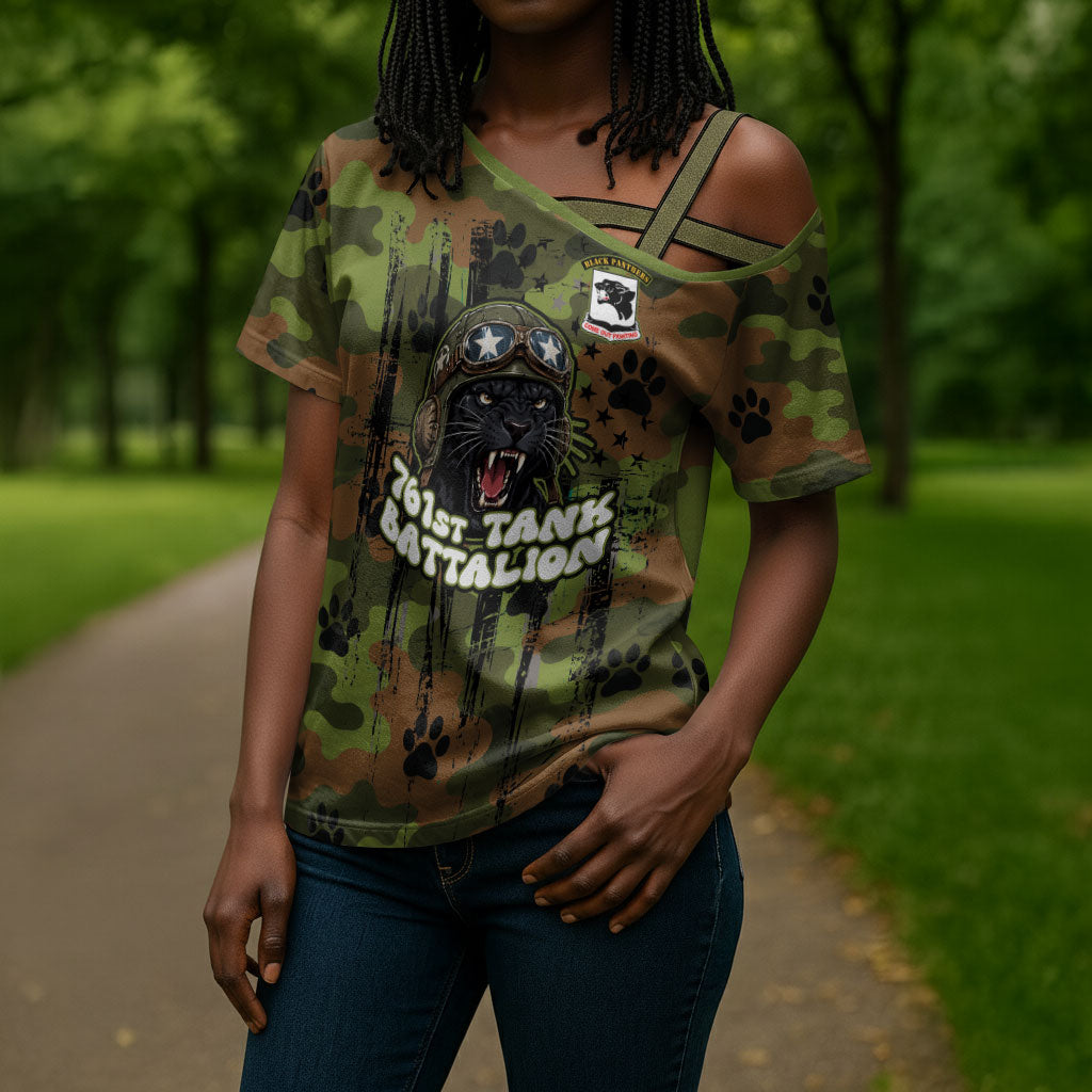 761st Tank Battalion African American Cross Shoulder Shirt Black Panthers Cartoon Mascot - Military History Camouflage Paw