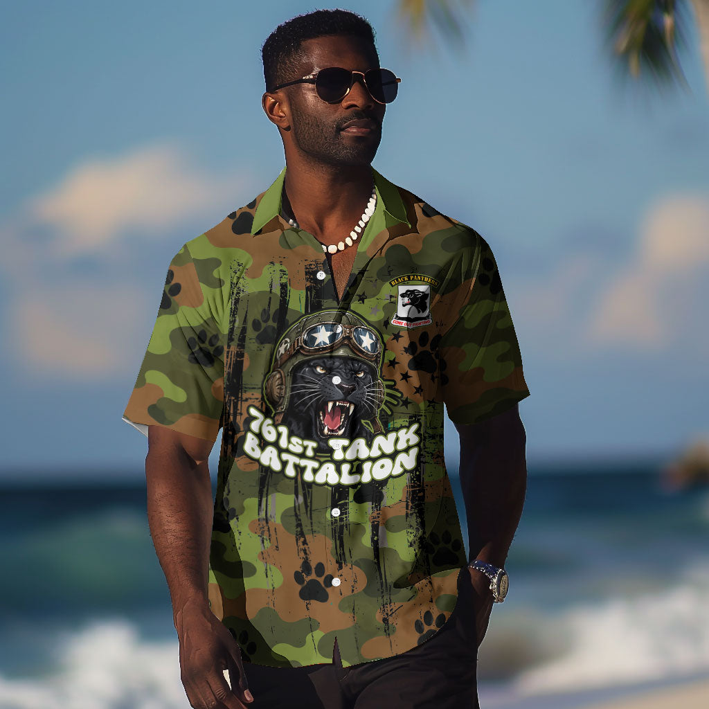 761st Tank Battalion African American Hawaiian Shirt Black Panthers Cartoon Mascot - Military History Camouflage Paw