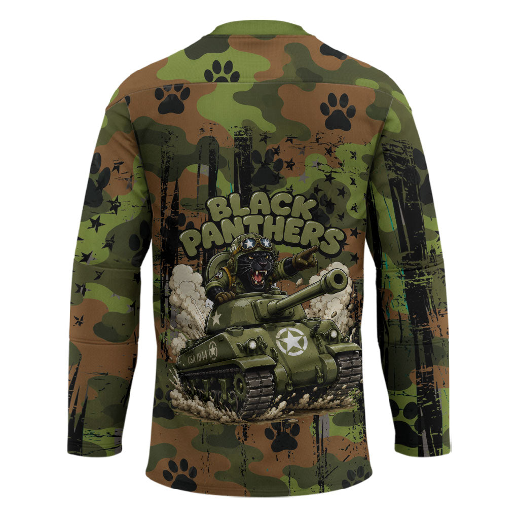 761st Tank Battalion African American Hockey Jersey Black Panthers Cartoon Mascot - Military History Camouflage Paw