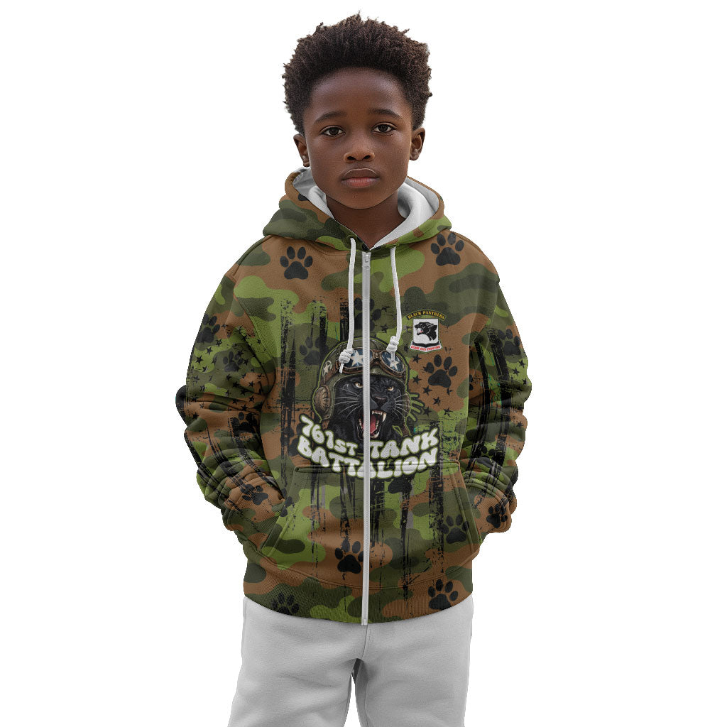 761st Tank Battalion African American Kid Hoodie Black Panthers Cartoon Mascot - Military History Camouflage Paw