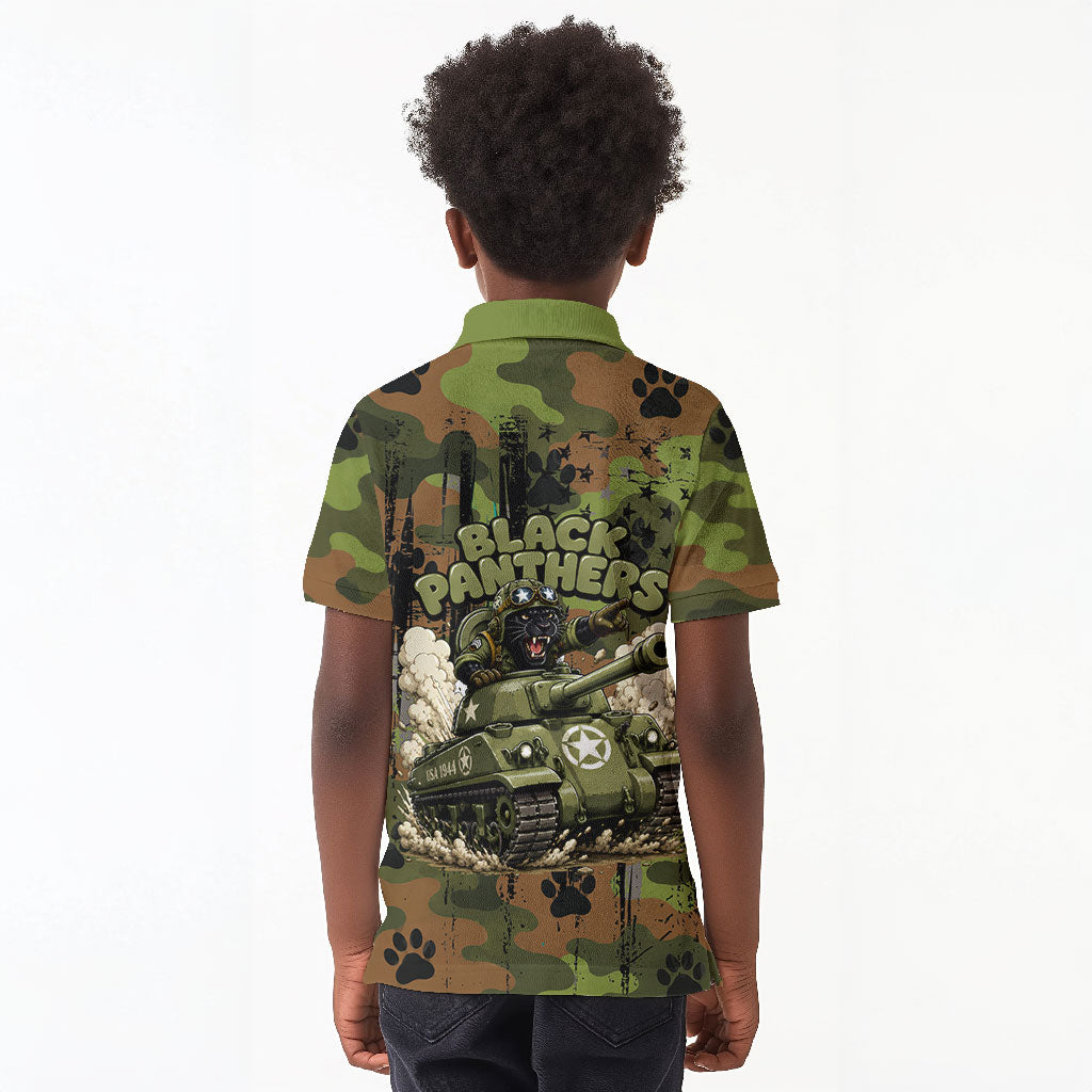 761st Tank Battalion African American Kid Polo Shirt Black Panthers Cartoon Mascot - Military History Camouflage Paw