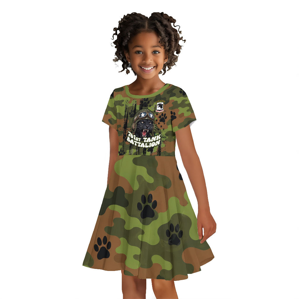 761st Tank Battalion African American Kid Short Sleeve Dress Black Panthers Cartoon Mascot - Military History Camouflage Paw