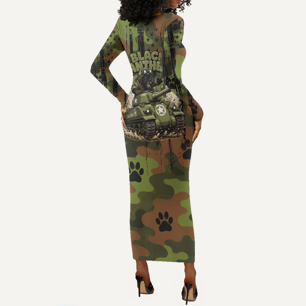 761st Tank Battalion African American Long Sleeve Bodycon Dress Black Panthers Cartoon Mascot - Military History Camouflage Paw