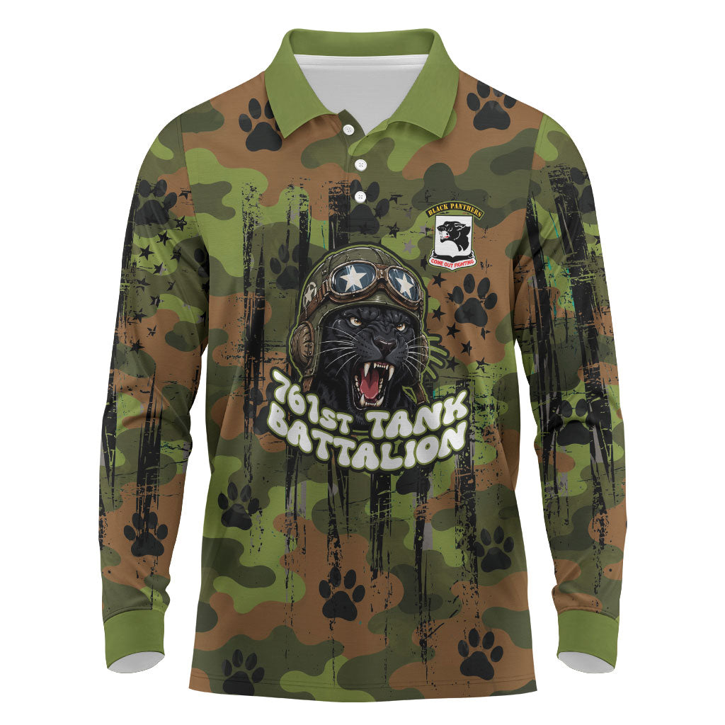 761st Tank Battalion African American Long Sleeve Polo Shirt Black Panthers Cartoon Mascot - Military History Camouflage Paw