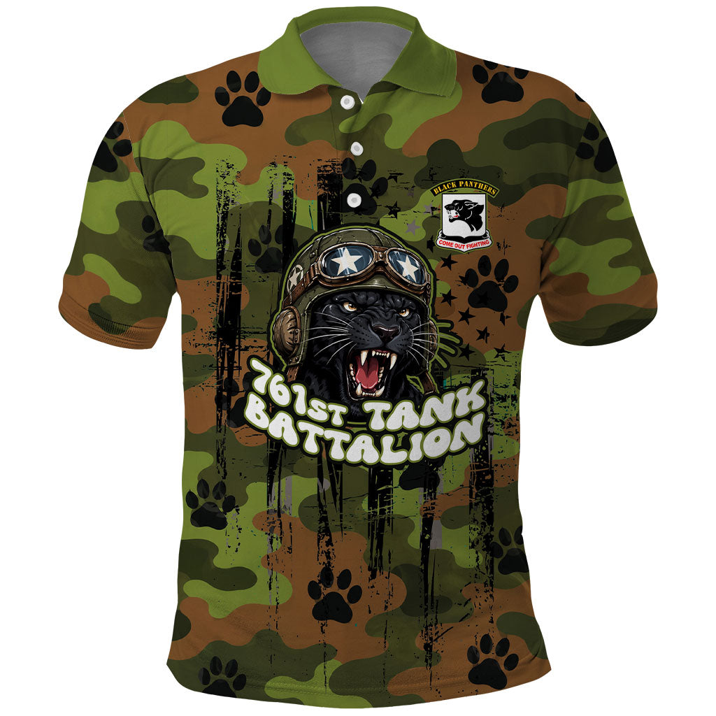 761st Tank Battalion African American Polo Shirt Black Panthers Cartoon Mascot - Military History Camouflage Paw