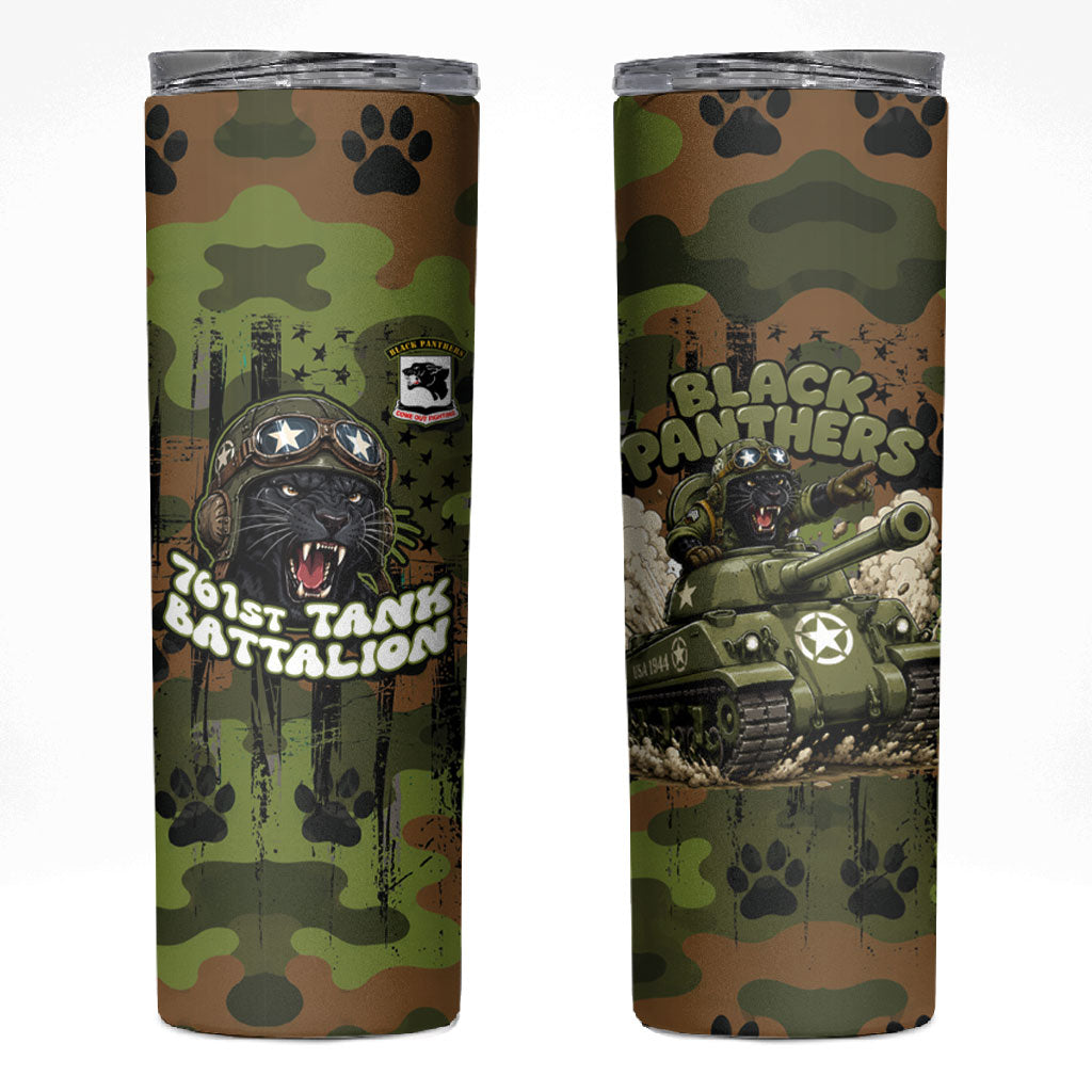 761st Tank Battalion African American Skinny Tumbler Black Panthers Cartoon Mascot - Military History Camouflage Paw