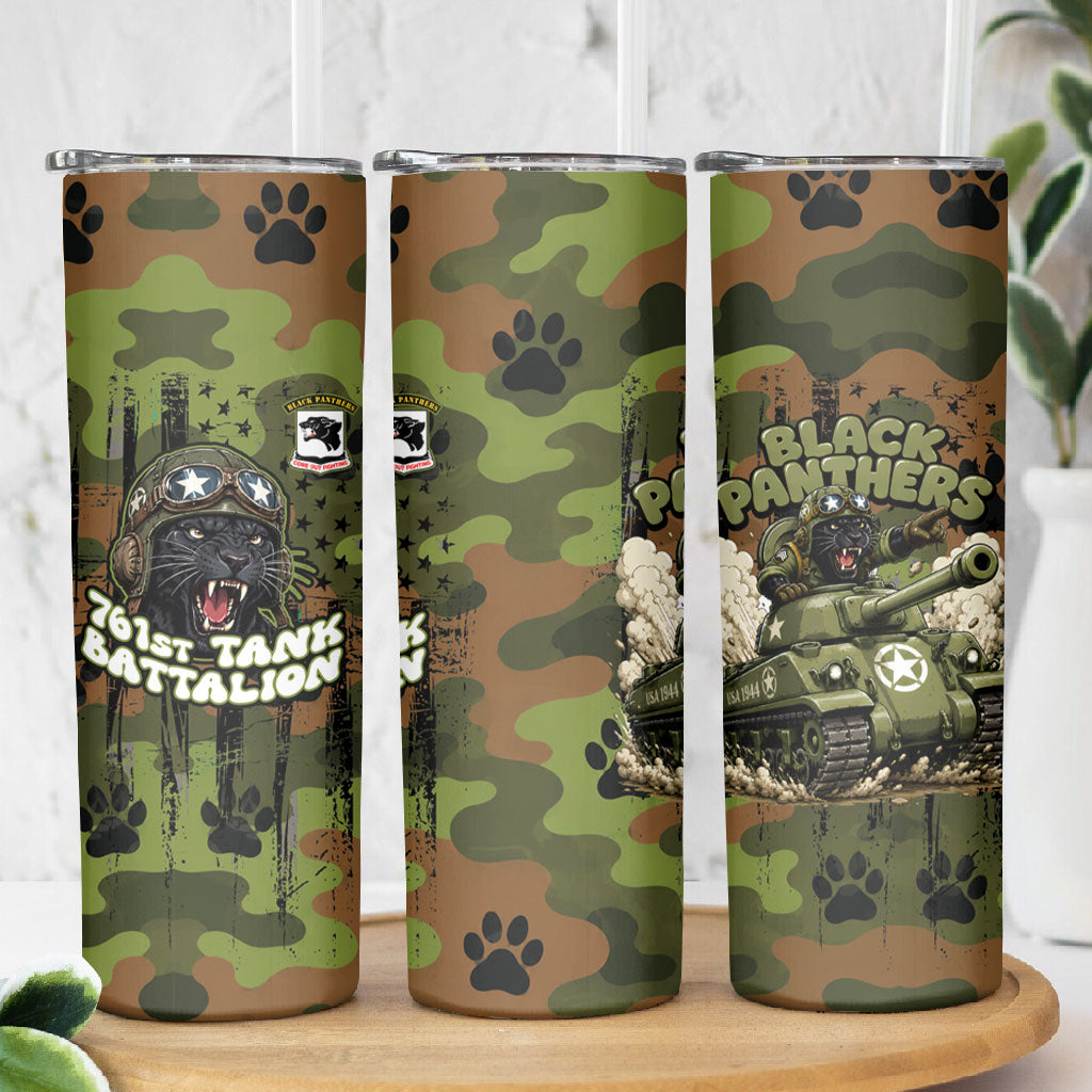 761st Tank Battalion African American Skinny Tumbler Black Panthers Cartoon Mascot - Military History Camouflage Paw