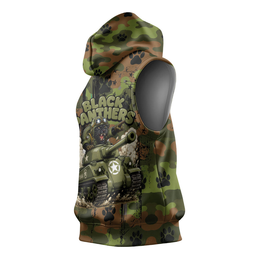 761st Tank Battalion African American Sleeveless Hoodie Black Panthers Cartoon Mascot - Military History Camouflage Paw