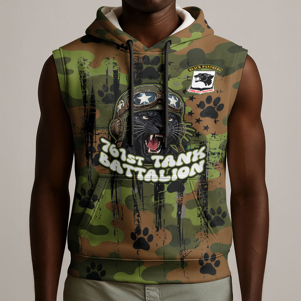 761st Tank Battalion African American Sleeveless Hoodie Black Panthers Cartoon Mascot - Military History Camouflage Paw