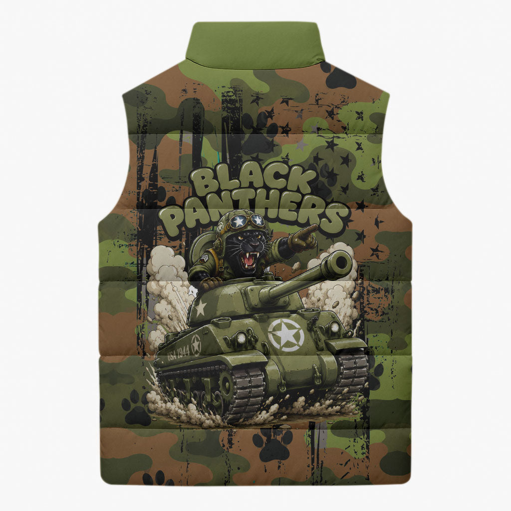 761st Tank Battalion African American Sleeveless Puffer Jacket Black Panthers Cartoon Mascot - Military History Camouflage Paw