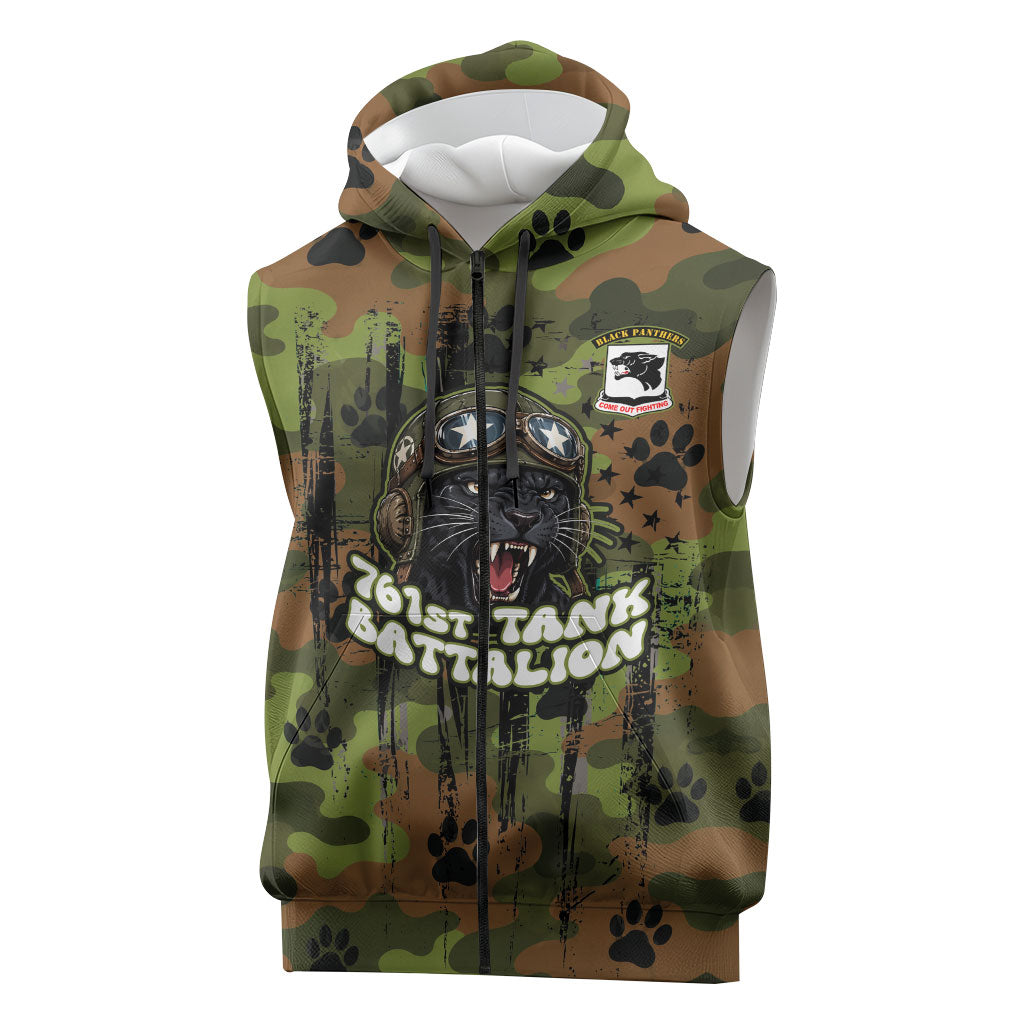 761st Tank Battalion African American Sleeveless Zip Hoodie Black Panthers Cartoon Mascot - Military History Camouflage Paw