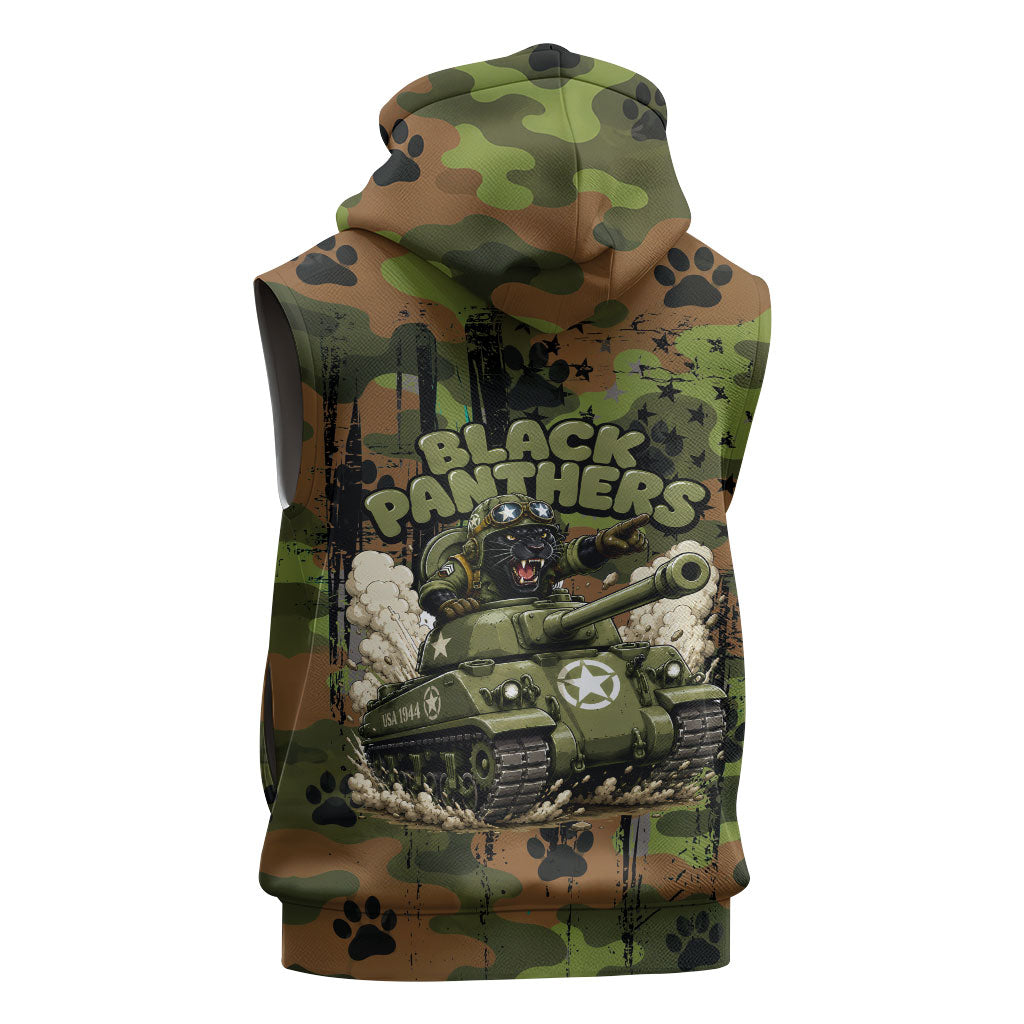 761st Tank Battalion African American Sleeveless Zip Hoodie Black Panthers Cartoon Mascot - Military History Camouflage Paw