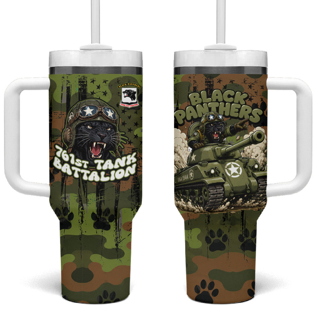 761st Tank Battalion African American Tumbler With Handle Black Panthers Cartoon Mascot - Military History Camouflage Paw