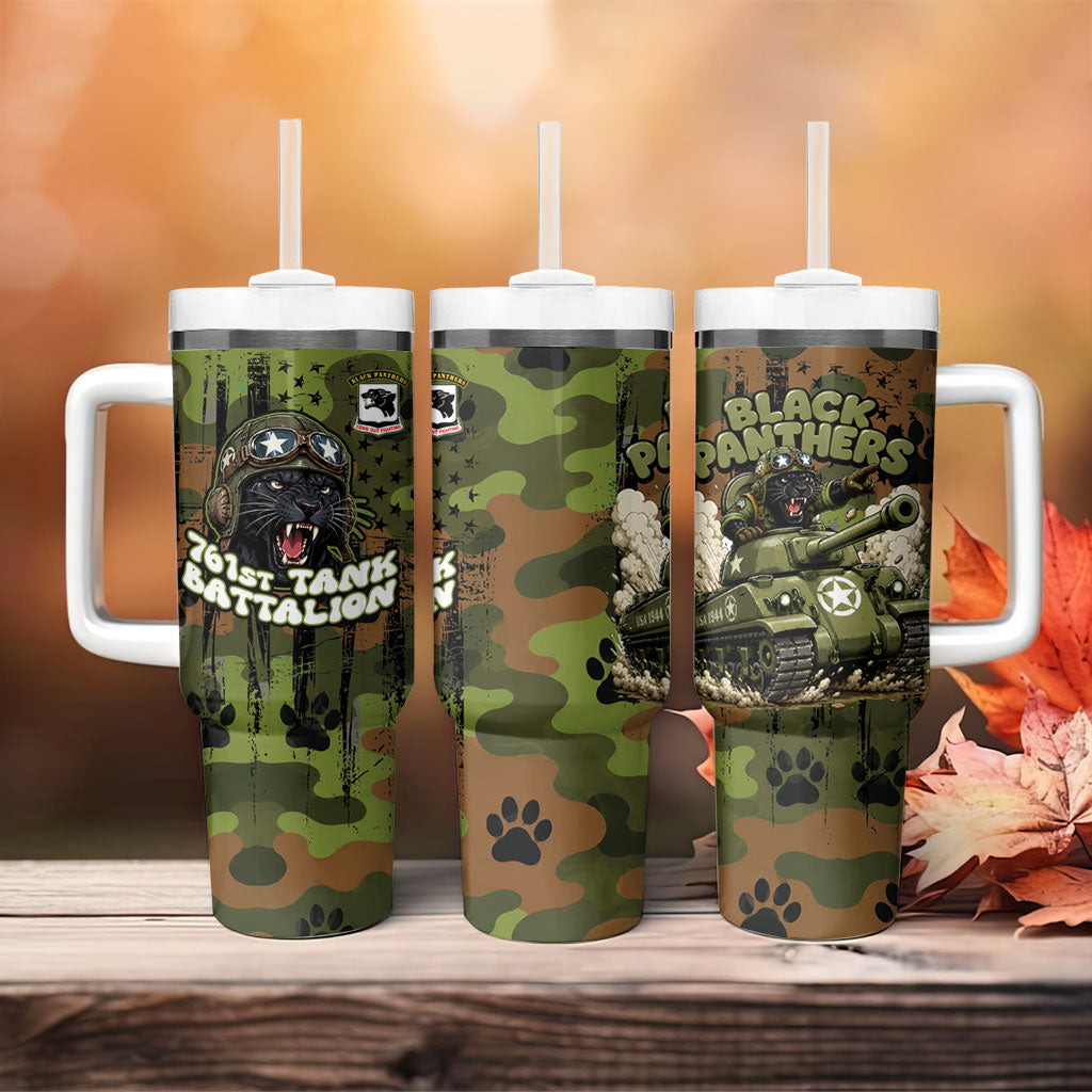 761st Tank Battalion African American Tumbler With Handle Black Panthers Cartoon Mascot - Military History Camouflage Paw
