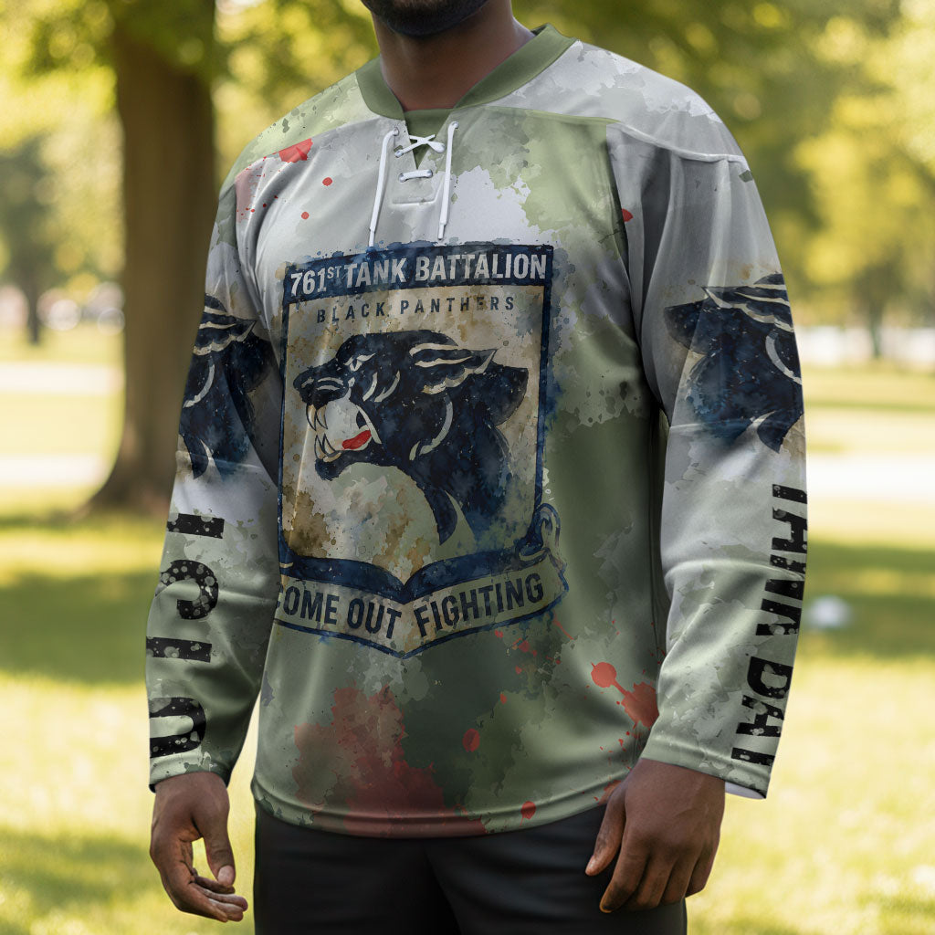 761st Tank Battalion Hockey Jersey Black Panthers - Come Out Fighting - Military Watercolor