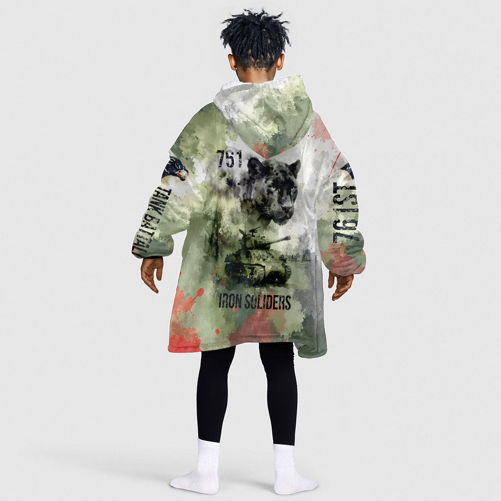 761st Tank Battalion Kid Wearable Blanket Hoodie Black Panthers - Come Out Fighting - Military Watercolor