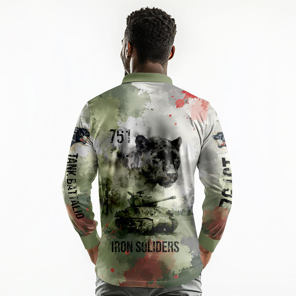 761st Tank Battalion Long Sleeve Polo Shirt Black Panthers - Come Out Fighting - Military Watercolor