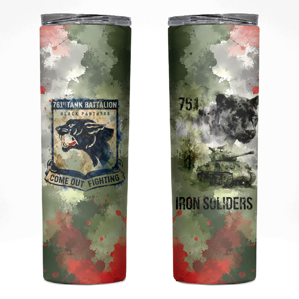 761st Tank Battalion Skinny Tumbler Black Panthers - Come Out Fighting - Military Watercolor