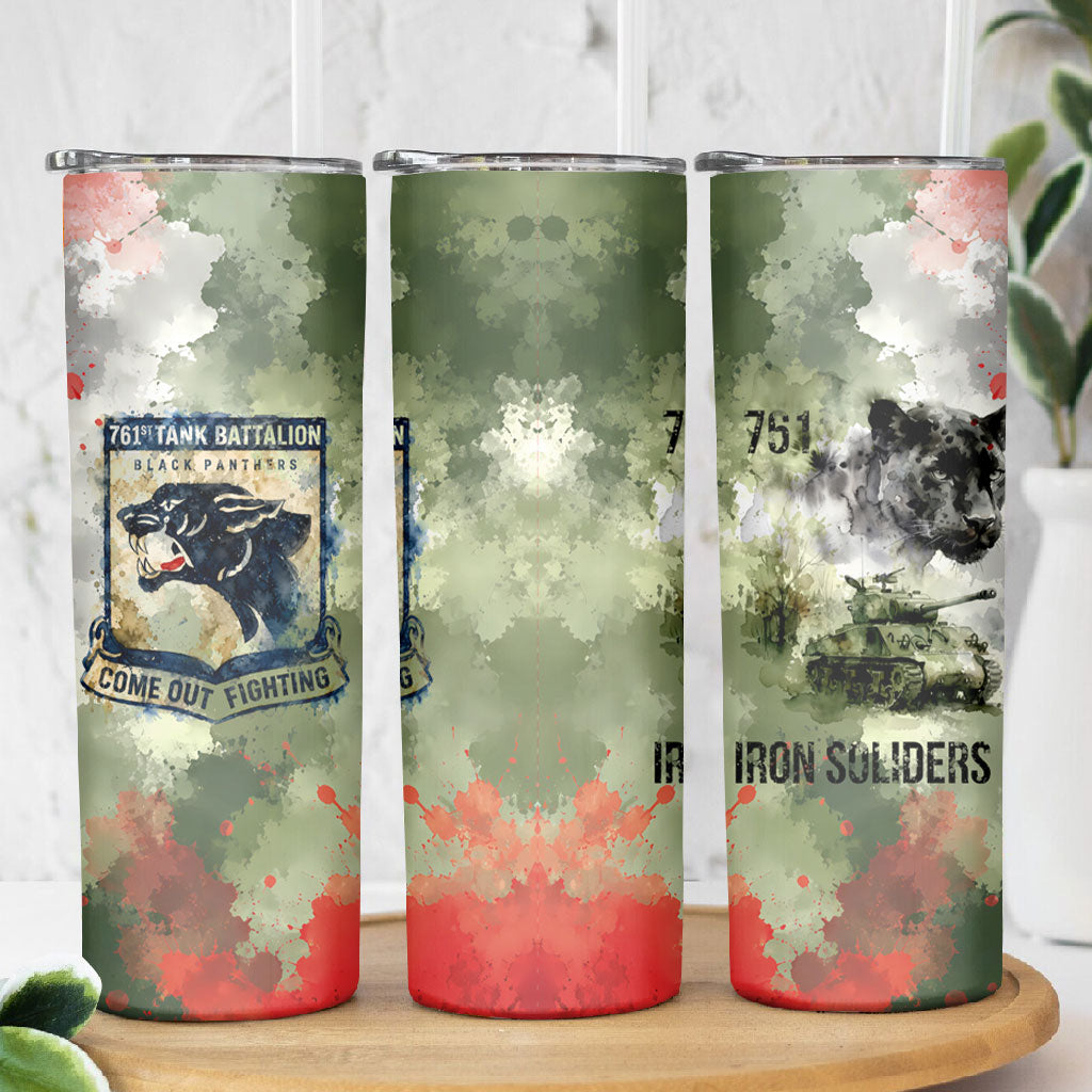 761st Tank Battalion Skinny Tumbler Black Panthers - Come Out Fighting - Military Watercolor