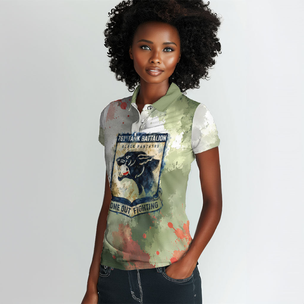 761st Tank Battalion Women Polo Shirt Black Panthers - Come Out Fighting - Military Watercolor