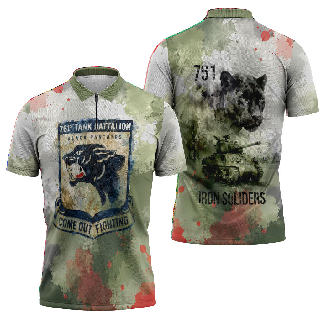 761st Tank Battalion Zipper Polo Shirt Black Panthers - Come Out Fighting - Military Watercolor