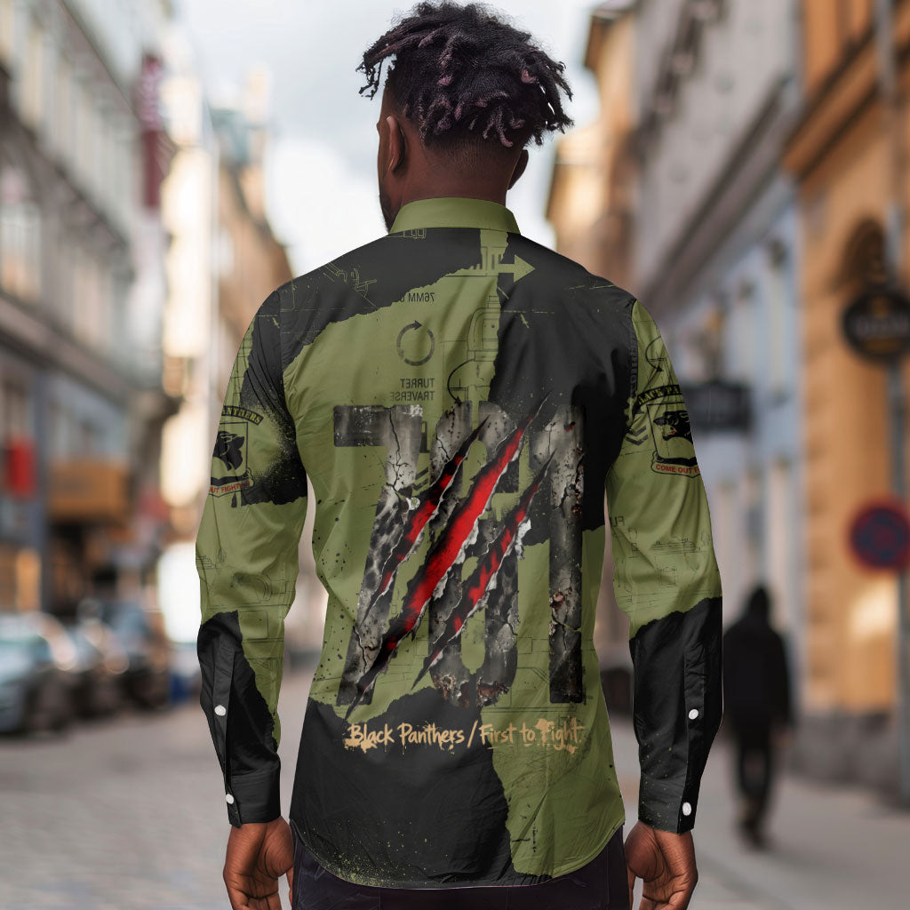 761st Tank Battalion Original Black Panthers Long Sleeve Button Shirt Come Out Fighting - Sherman Tank Military - Distressed Scratch