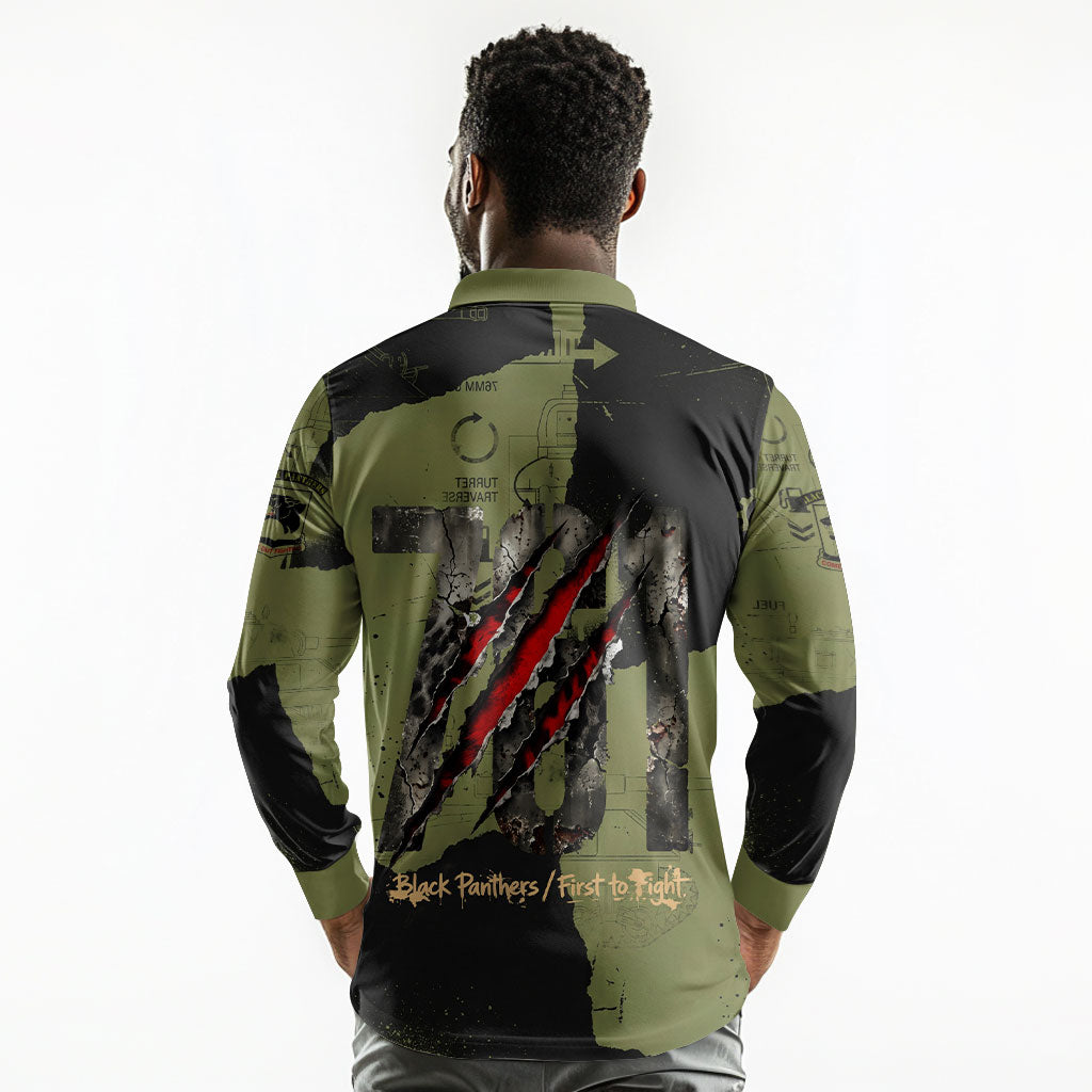 761st Tank Battalion Original Black Panthers Long Sleeve Polo Shirt Come Out Fighting - Sherman Tank Military - Distressed Scratch