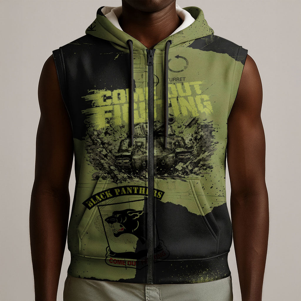 761st Tank Battalion Original Black Panthers Sleeveless Zip Hoodie Come Out Fighting - Sherman Tank Military - Distressed Scratch