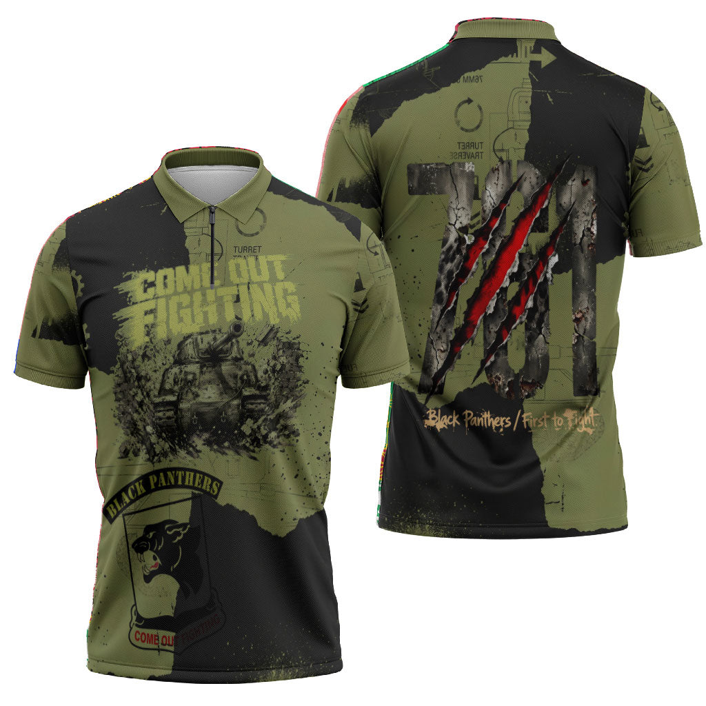 761st Tank Battalion Original Black Panthers Zipper Polo Shirt Come Out Fighting - Sherman Tank Military - Distressed Scratch