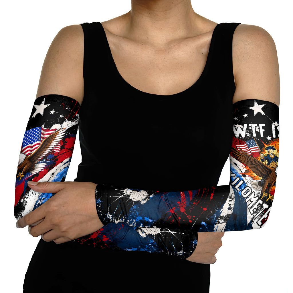 4th Of July WTF Is A Kilometer Patriotic Eagle Arm Sleeves American Flag George Washington