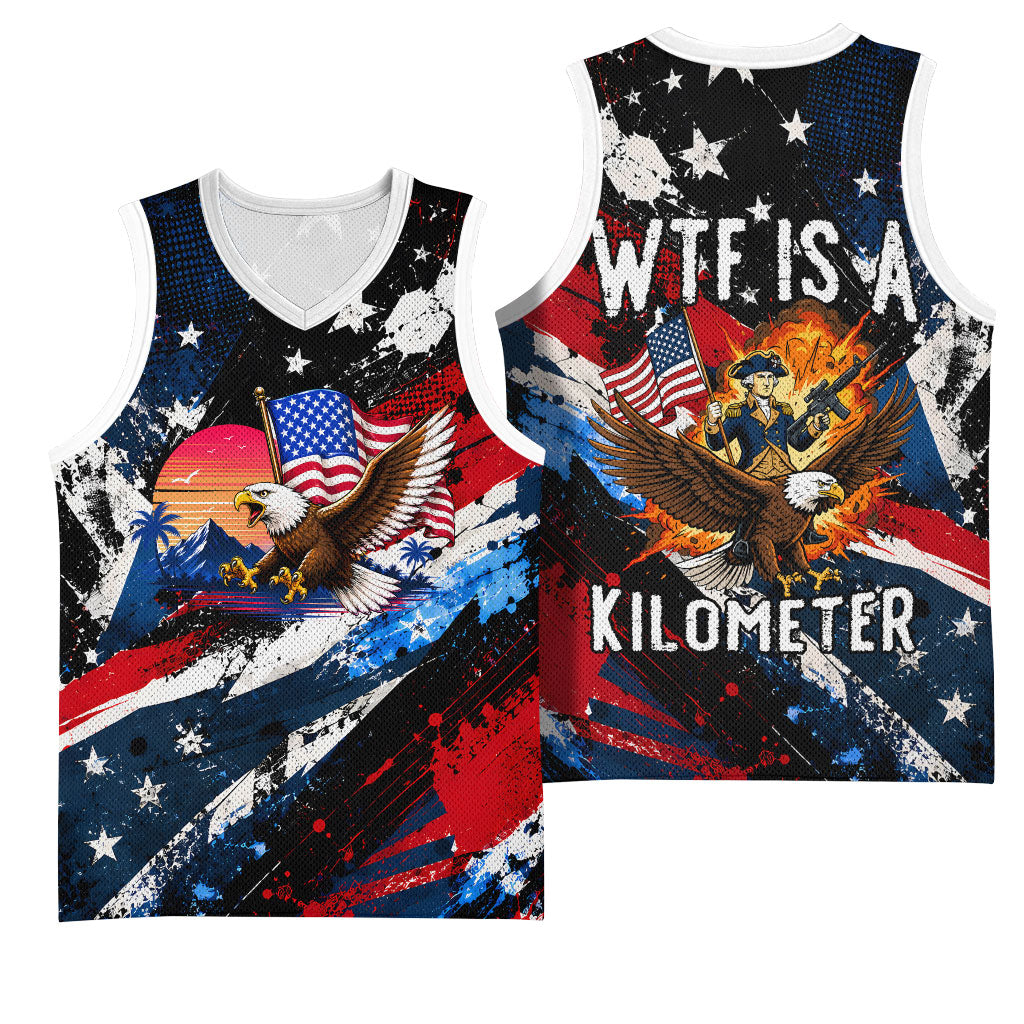 4th Of July WTF Is A Kilometer Patriotic Eagle Basketball Jersey American Flag George Washington