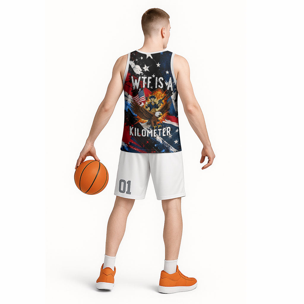 4th Of July WTF Is A Kilometer Patriotic Eagle Basketball Jersey American Flag George Washington