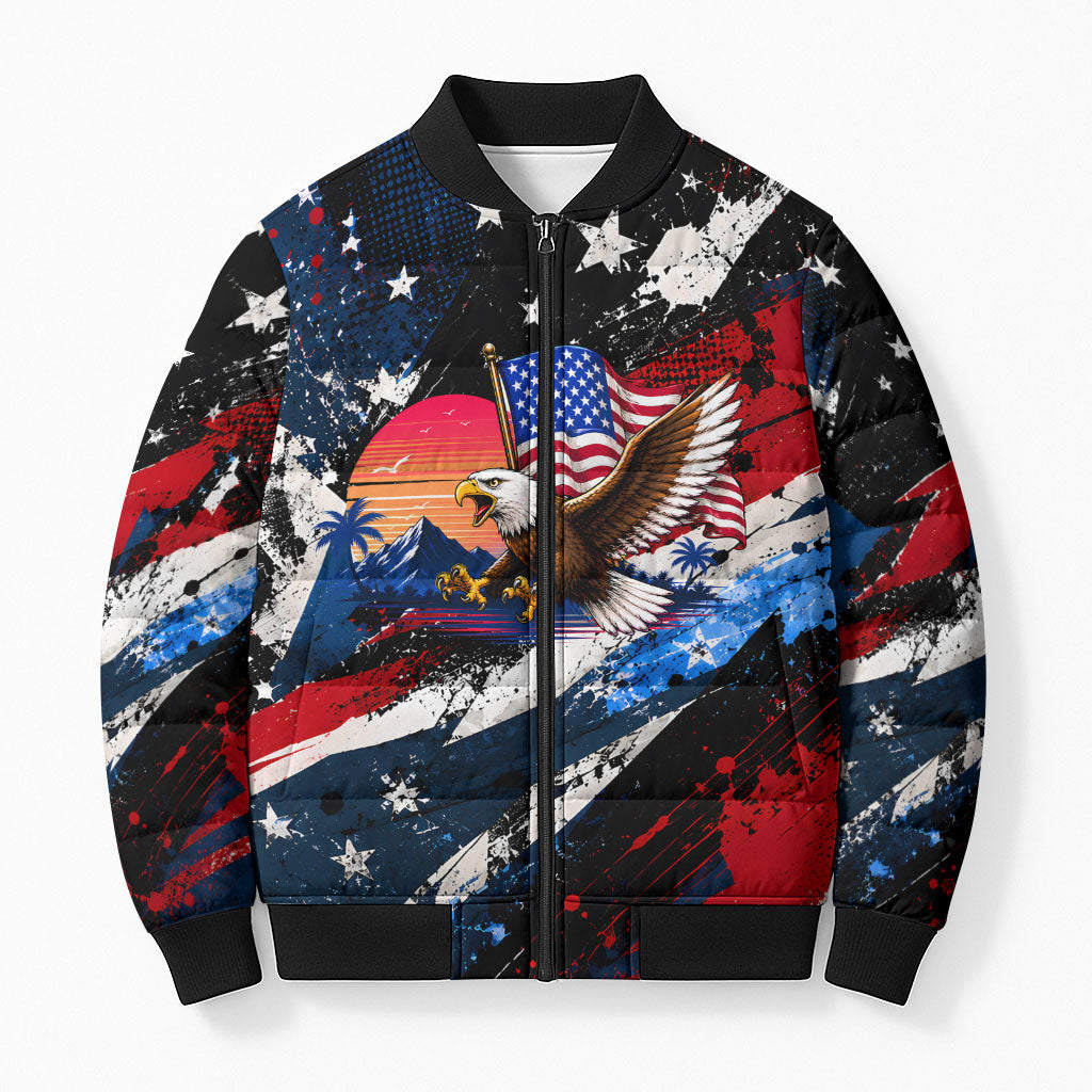 4th Of July WTF Is A Kilometer Patriotic Eagle Bomber Puffer Jacket American Flag George Washington
